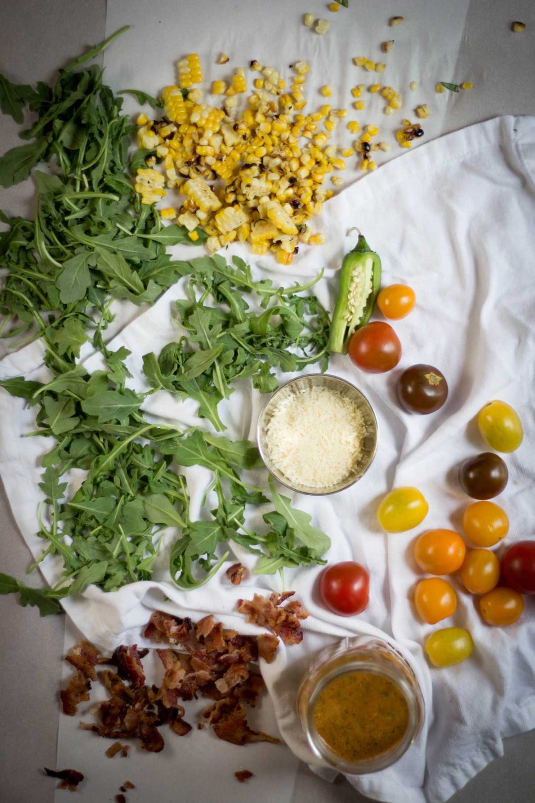 Summer Arugula Salad with Grilled Corn and Heirloom Tomatoes; with Homemade Tomato Basil Vinaigrette