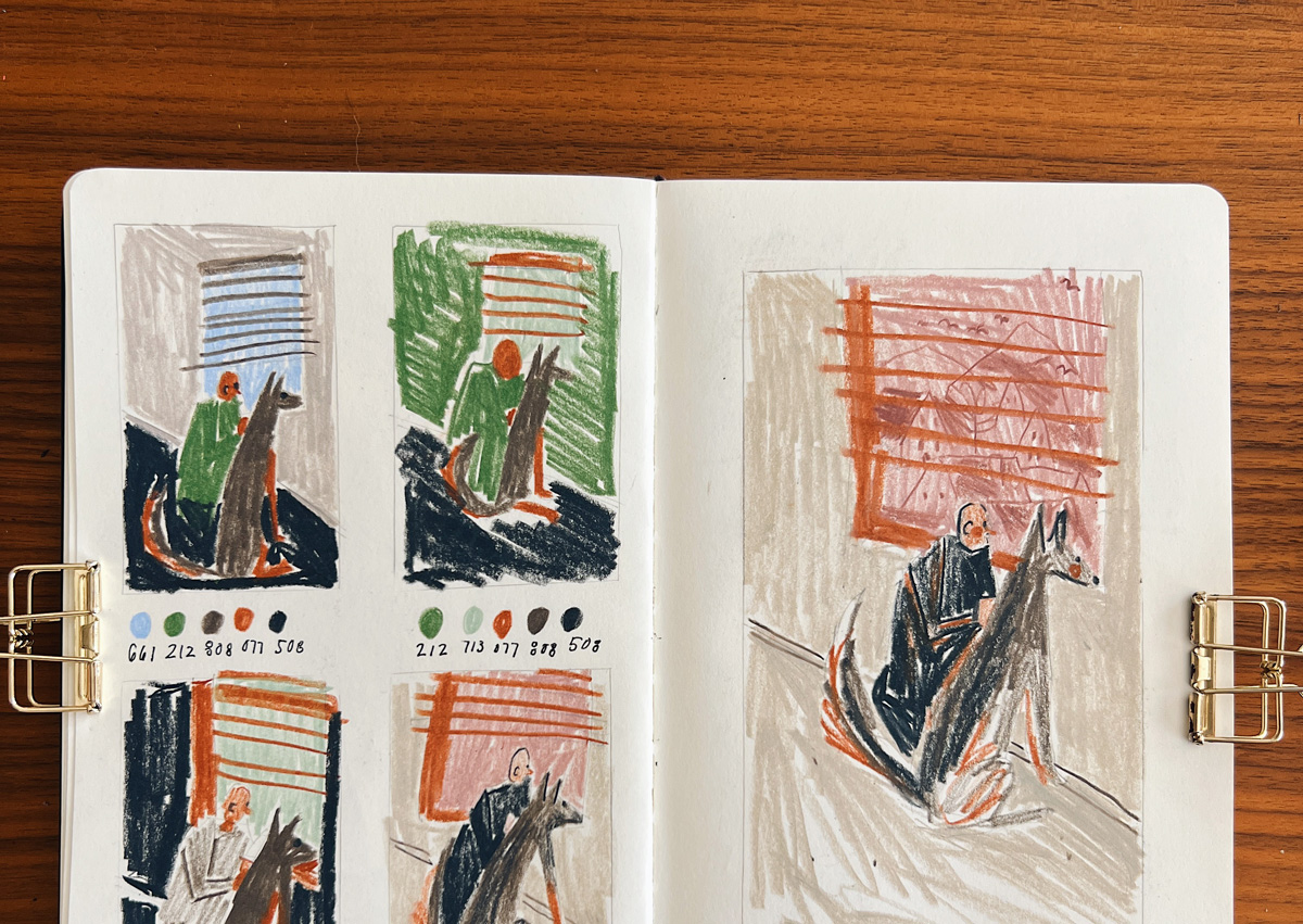 an overhead photo of a sketchbook open flat showing colored pencil illustrations of a man and dog sitting in front of a window, looking out, from a 100 day illustration challenge.